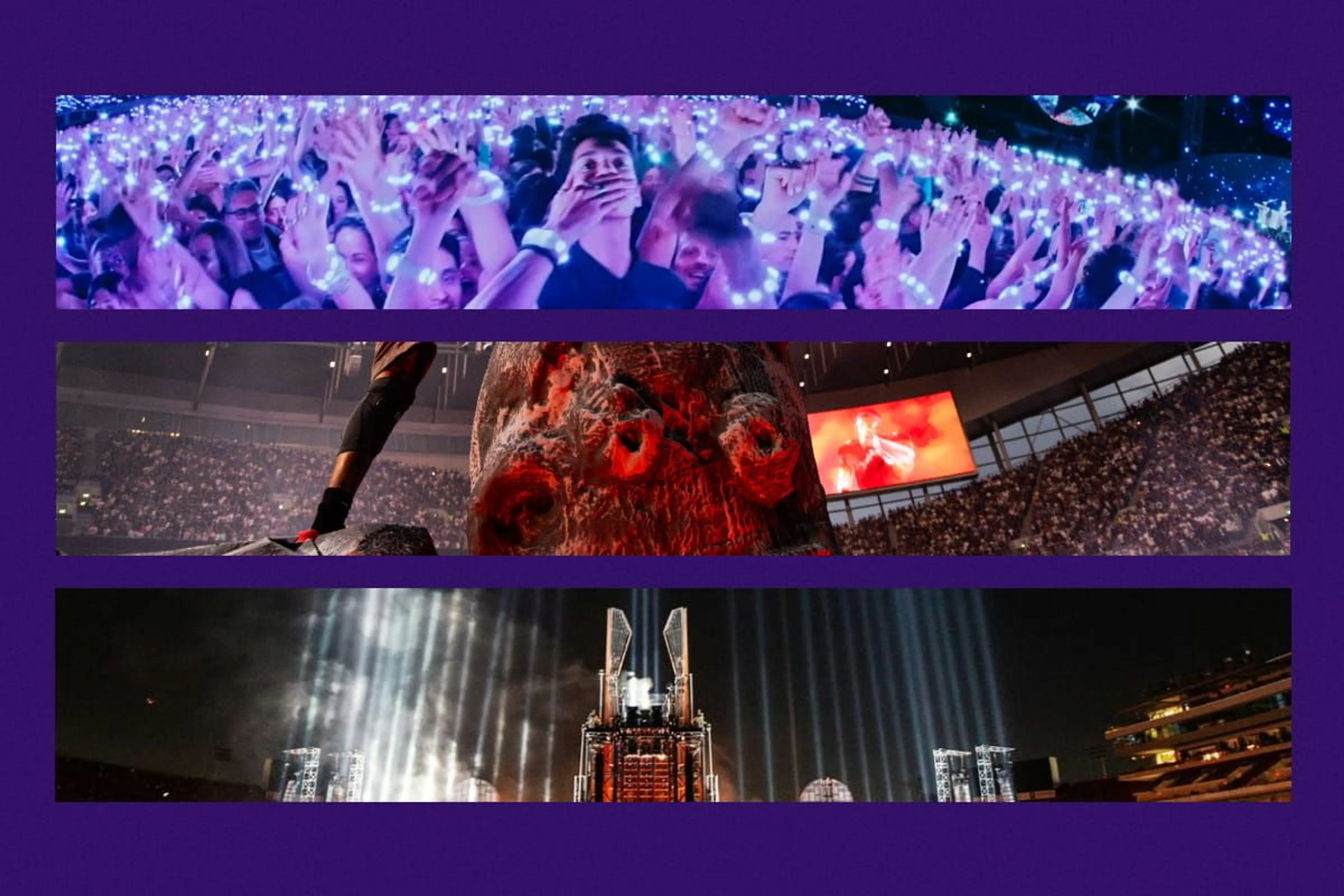 Коллаж: Youtube / coldplay, <a href="https://tottenhamhotspurstadium.com/" target="_blank">tottenhamhotspurstadium.com</a>, rammsteinofficial