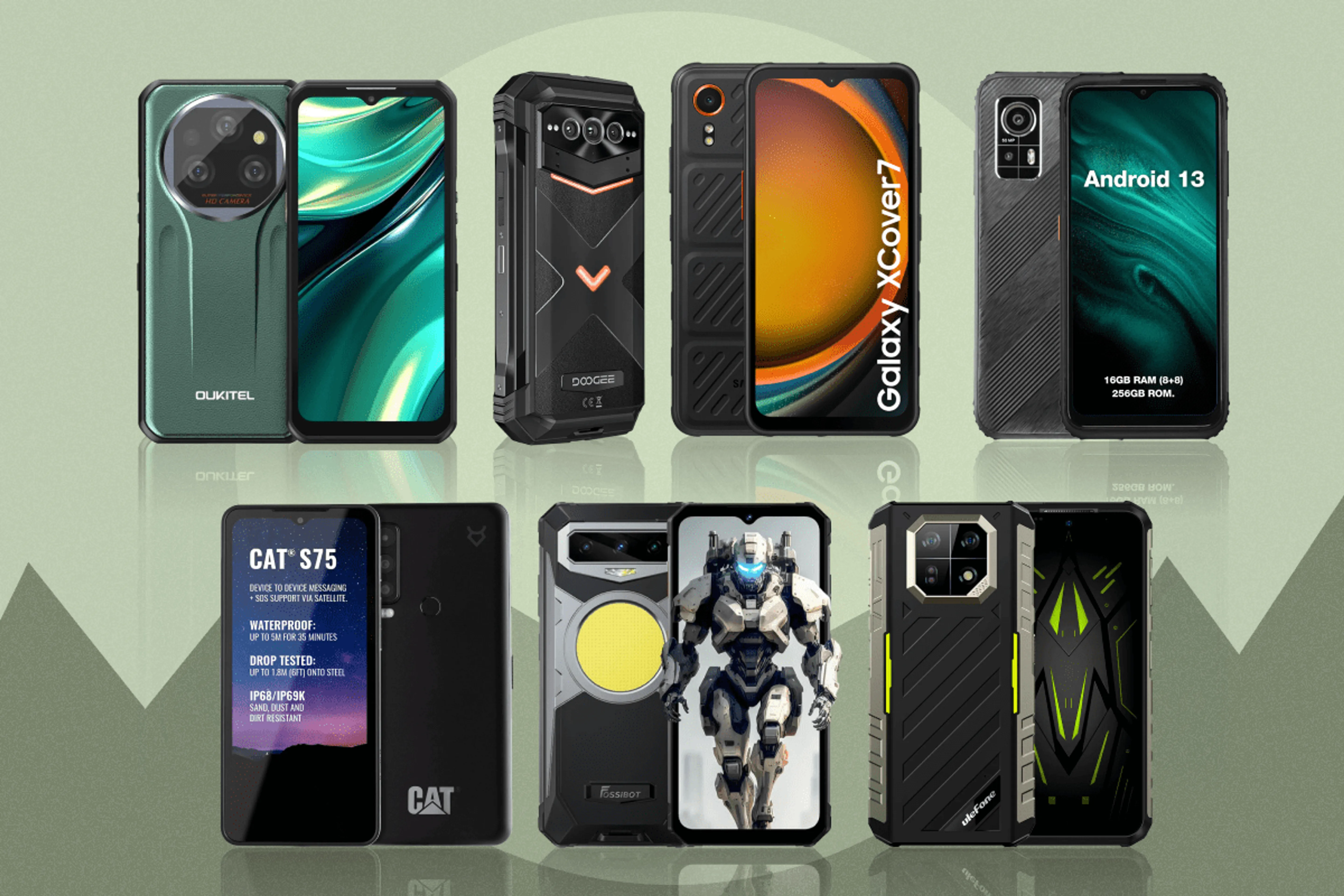 Коллаж: OUKITEL, Doogee, thephonetrader.co.uk, agmmobile.com, Amazon, FOSSiBOT, Ulefone